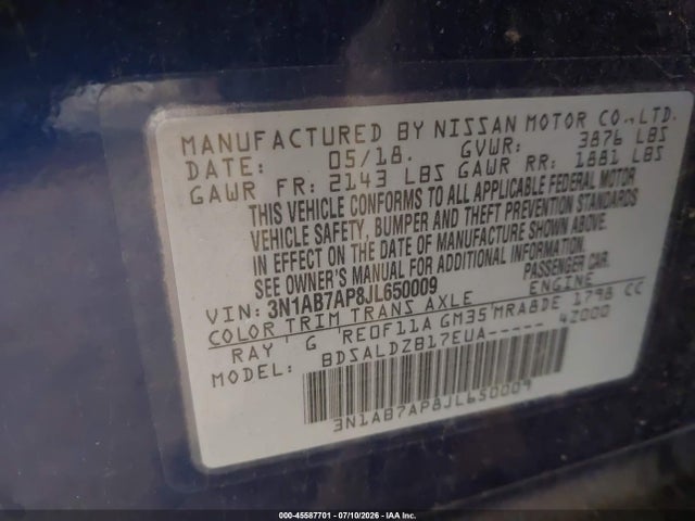 2018 Nissan Sentra Sv მანქანა იყიდება აუქციონზე, vin: 3N1AB7AP8JL650009, აუქციონის ნომერი: 45587701