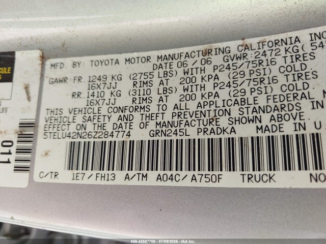 Продаж на аукціоні авто 2006 Toyota Tacoma Base V6, vin: 5TELU42N26Z284774, номер лоту: 45587706
