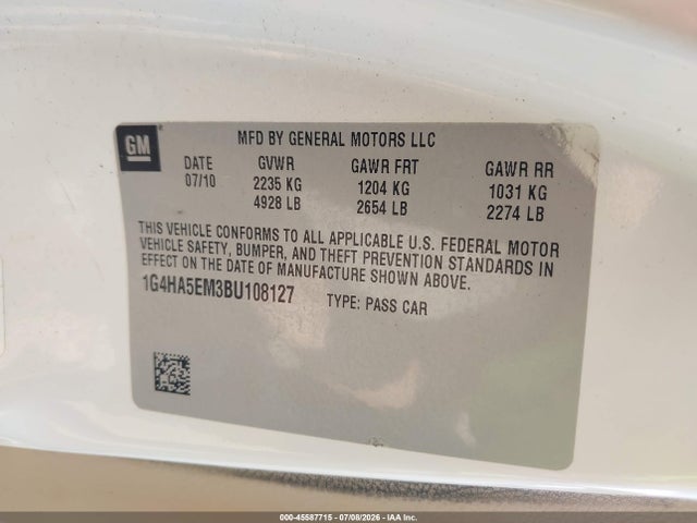 Продаж на аукціоні авто 2011 Buick Lucerne Cx, vin: 1G4HA5EM3BU108127, номер лоту: 45587715