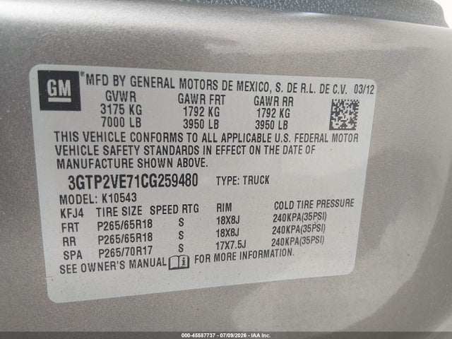 Aukcja sprzedaży 2012 Gmc Sierra 1500 Sle, vin: 3GTP2VE71CG259480, numer aukcji: 45587737