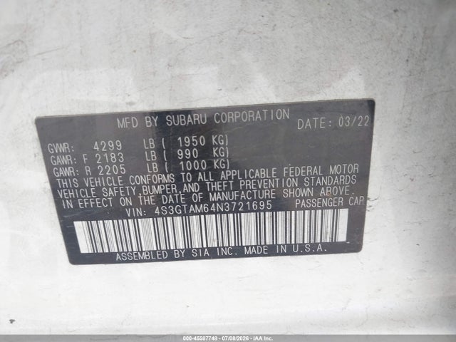 45587748 :رقم المزاد ، 4S3GTAM64N3721695 vin ، 2022 Subaru Impreza Sport 5-door مزاد بيع