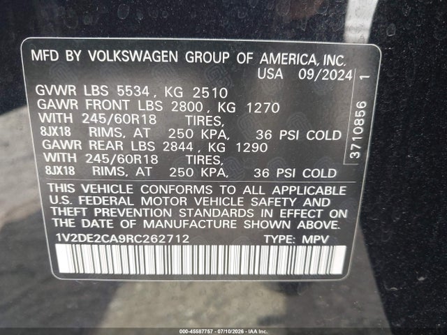 Aukcja sprzedaży 2024 Volkswagen Atlas Cross Sport 2.0t Se, vin: 1V2DE2CA9RC262712, numer aukcji: 45587757