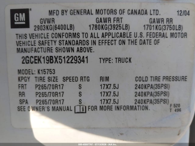 45587767 :رقم المزاد ، 2GCEK19BX51229341 vin ، 2005 Chevrolet Silverado 1500 Z71 مزاد بيع