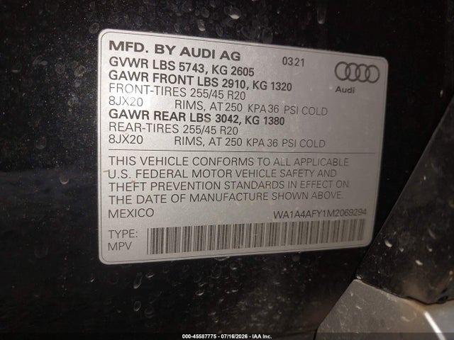 45587775 :رقم المزاد ، WA1A4AFY1M2069294 vin ، 2021 Audi Sq5 Premium Tfsi Quattro Tiptronic مزاد بيع