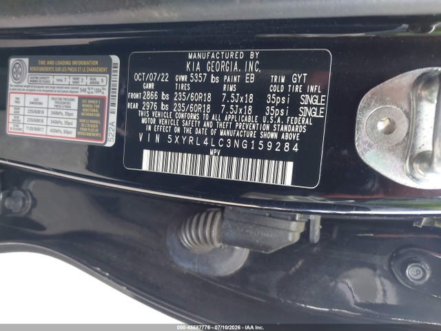 2022 Kia Sorento S მანქანა იყიდება აუქციონზე, vin: 5XYRL4LC3NG159284, აუქციონის ნომერი: 45587776