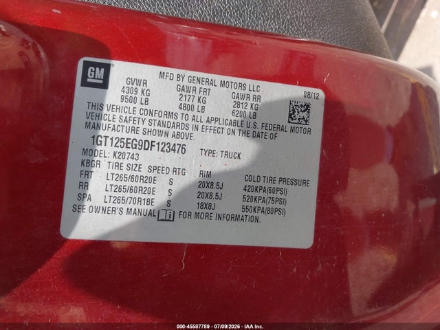 45587789 :رقم المزاد ، 1GT125EG9DF123476 vin ، 2013 Gmc Sierra 2500hd Denali مزاد بيع