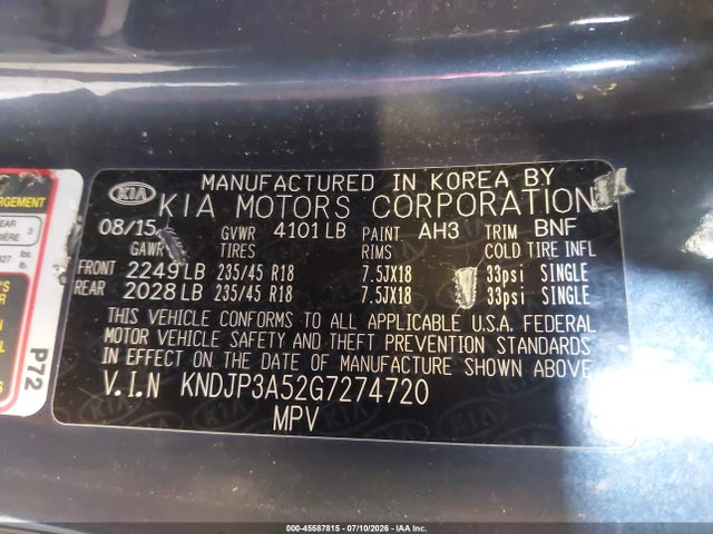 2016 Kia Soul + მანქანა იყიდება აუქციონზე, vin: KNDJP3A52G7274720, აუქციონის ნომერი: 45587815