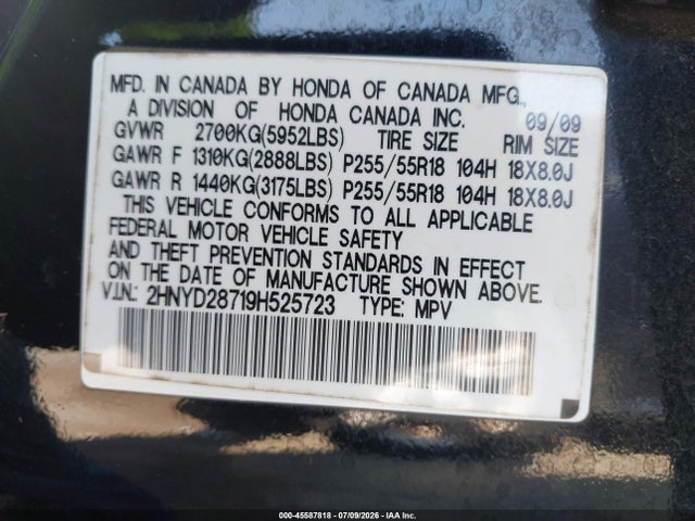 45587818 :رقم المزاد ، 2HNYD28719H525723 vin ، 2009 Acura Mdx Sport Package مزاد بيع