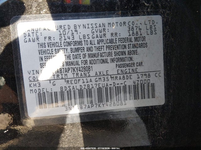 2019 Nissan Sentra Sv მანქანა იყიდება აუქციონზე, vin: 3N1AB7AP7KY428081, აუქციონის ნომერი: 45587826