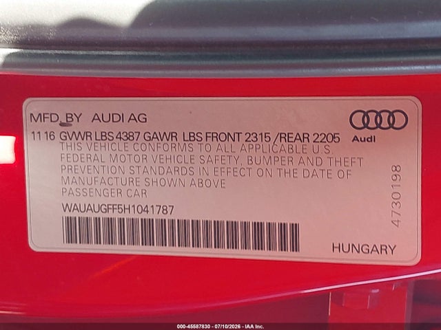 2017 Audi A3 Premium მანქანა იყიდება აუქციონზე, vin: WAUAUGFF5H1041787, აუქციონის ნომერი: 45587830