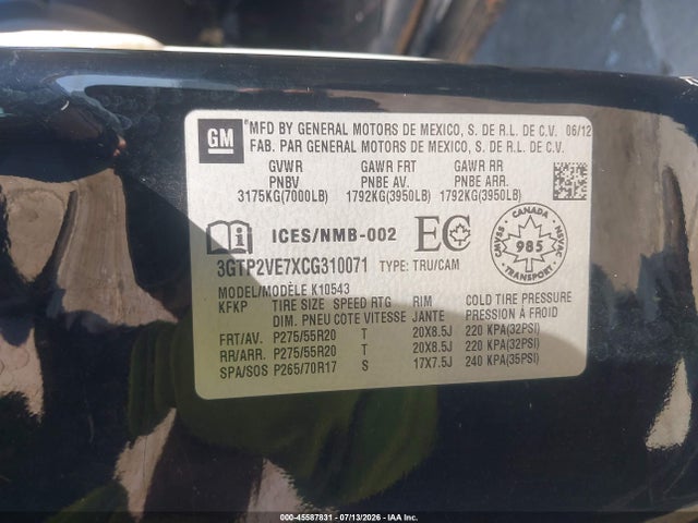 45587831 :رقم المزاد ، 3GTP2VE7XCG310071 vin ، 2012 Gmc Sierra 1500 Sle مزاد بيع