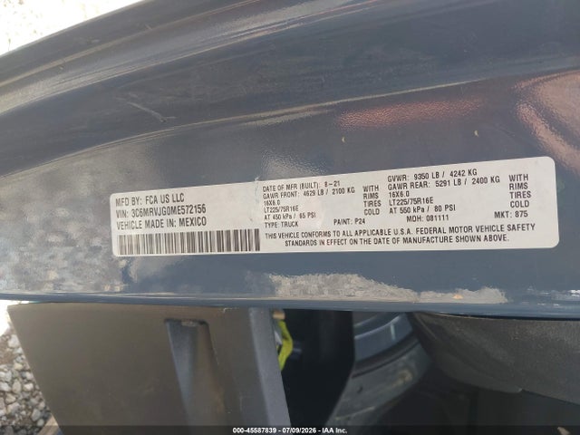 45587839 :رقم المزاد ، 3C6MRVJG0ME572156 vin ، 2021 Ram Promaster 3500 Cargo Van High Roof 159 Wb Ext مزاد بيع