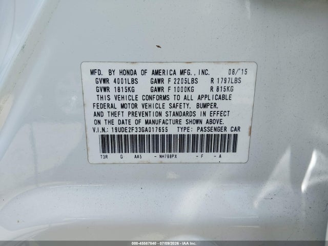 45587840 :رقم المزاد ، 19UDE2F33GA017655 vin ، 2016 Acura Ilx 2.4l/acurawatch Plus Package مزاد بيع
