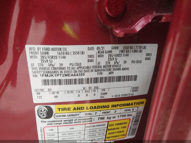 2021 Ford Expedition King Ranch Max მანქანა იყიდება აუქციონზე, vin: 1FMJK1PT2MEA64355, აუქციონის ნომერი: 45587864