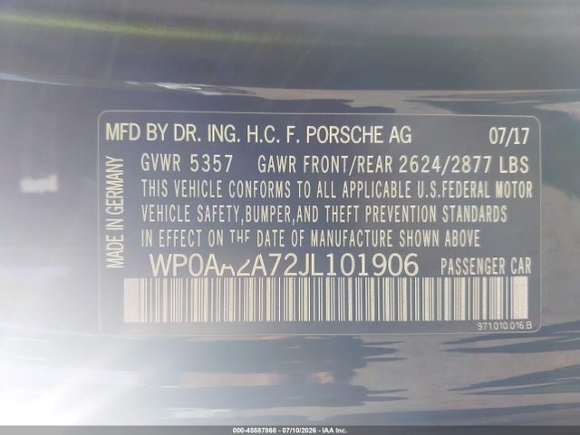 Aukcja sprzedaży 2018 Porsche Panamera 4, vin: WP0AA2A72JL101906, numer aukcji: 45587868