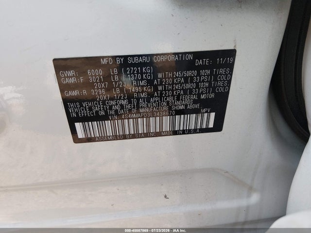 Продажа на аукционе авто 2020 Subaru Ascent Limited, vin: 4S4WMAPD3L3438670, номер лота: 45587869