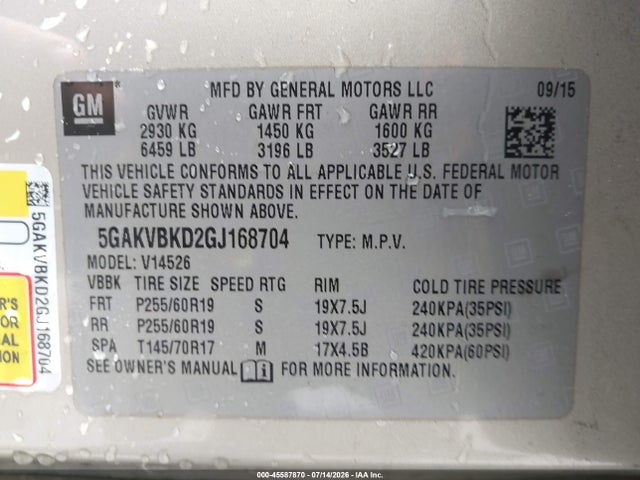 Aukcja sprzedaży 2016 Buick Enclave Leather, vin: 5GAKVBKD2GJ168704, numer aukcji: 45587870