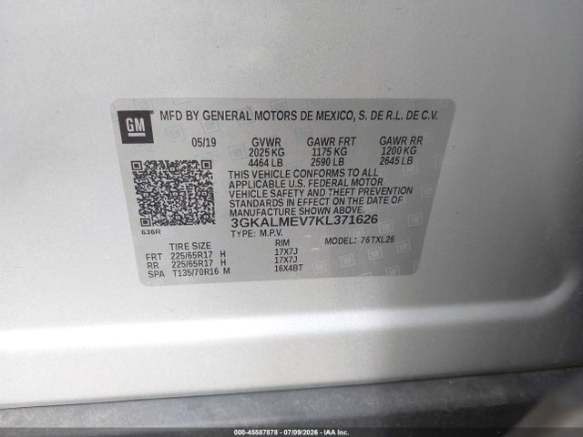 2019 Gmc Terrain Sle მანქანა იყიდება აუქციონზე, vin: 3GKALMEV7KL371626, აუქციონის ნომერი: 45587878