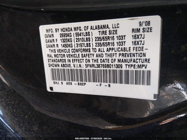 Продаж на аукціоні авто 2009 Honda Odyssey Ex-l, vin: 5FNRL38769B011309, номер лоту: 45587888