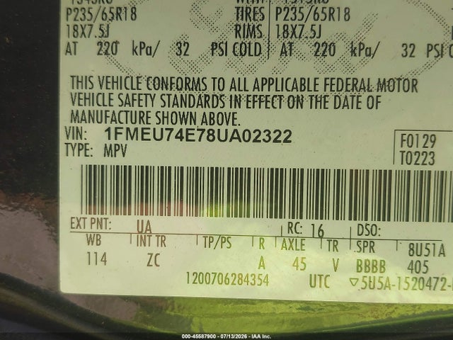 45587900 :رقم المزاد ، 1FMEU74E78UA02322 vin ، 2008 Ford Explorer Eddie Bauer مزاد بيع