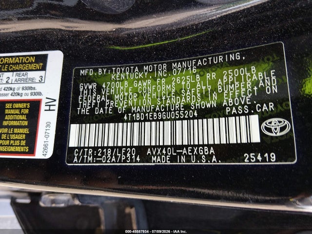 45587934 :رقم المزاد ، 4T1BD1EB9GU055204 vin ، 2016 Toyota Avalon Hybrid Xle مزاد بيع