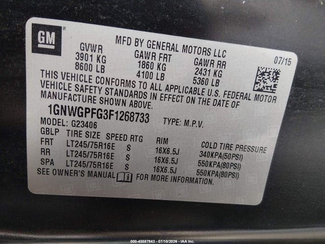 45587943 :رقم المزاد ، 1GNWGPFG3F1268733 vin ، 2015 Chevrolet Express 2500 Ls مزاد بيع