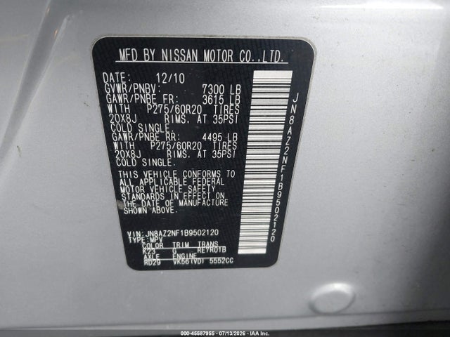 Продажа на аукционе авто 2011 Infiniti Qx56, vin: JN8AZ2NF1B9502120, номер лота: 45587955