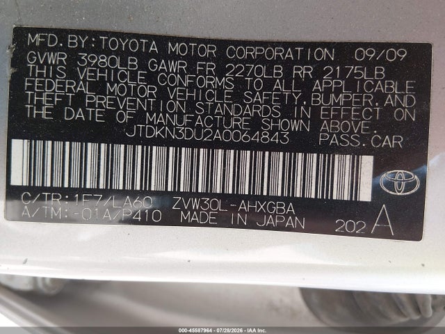 2010 Toyota Prius Iv მანქანა იყიდება აუქციონზე, vin: JTDKN3DU2A0064843, აუქციონის ნომერი: 45587964