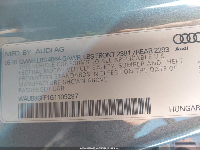 Продаж на аукціоні авто 2016 Audi A3 2.0t Premium, vin: WAUB8GFF1G1109297, номер лоту: 45588009