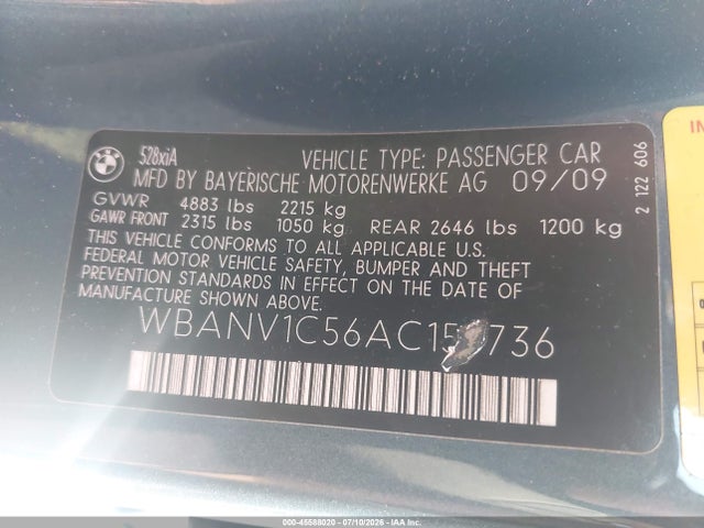 Продажа на аукционе авто 2010 Bmw 528i Xdrive, vin: WBANV1C56AC159736, номер лота: 45588020