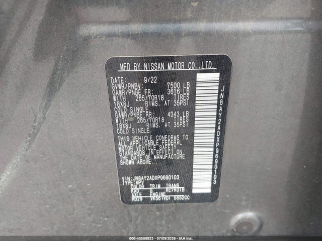 2023 Nissan Armada Sv 4wd მანქანა იყიდება აუქციონზე, vin: JN8AY2ADXP9690103, აუქციონის ნომერი: 45588023