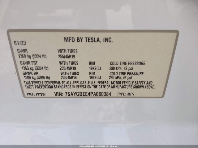 Aukcja sprzedaży 2023 Tesla Model Y Awd/long Range Dual Motor All-wheel Drive, vin: 7SAYGDEE4PA060384, numer aukcji: 45588026