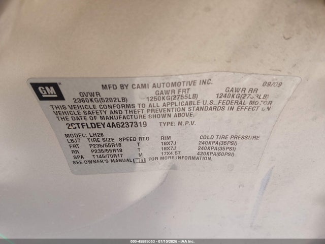 45588053 :رقم المزاد ، 2CTFLDEY4A6237319 vin ، 2010 Gmc Terrain Sle-2 مزاد بيع