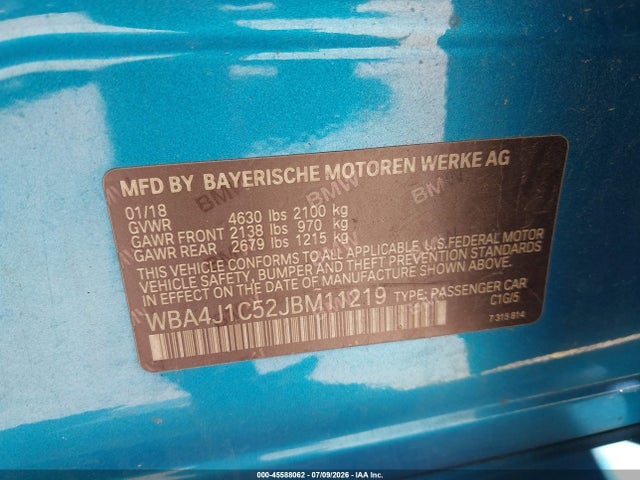 Продаж на аукціоні авто 2018 Bmw 430i Gran Coupe, vin: WBA4J1C52JBM11219, номер лоту: 45588062