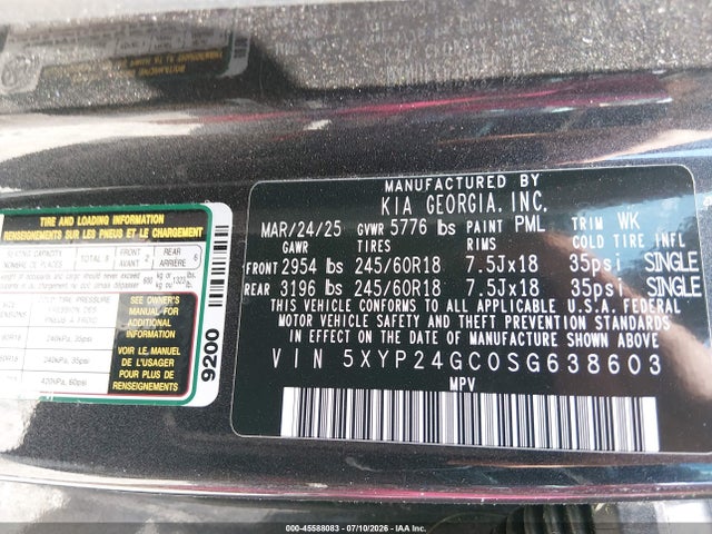 Aukcja sprzedaży 2025 Kia Telluride Lx, vin: 5XYP24GC0SG638603, numer aukcji: 45588083