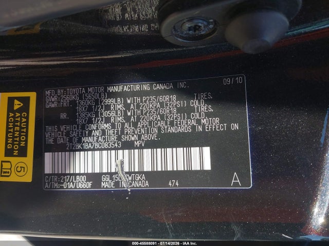 45588091 :رقم المزاد ، 2T2BK1BA7BC083543 vin ، 2011 Lexus Rx 350 مزاد بيع