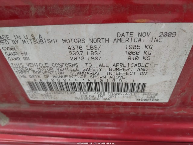 Aukcja sprzedaży 2010 Mitsubishi Galant Fe, vin: 4A32B2FF7AE010911, numer aukcji: 45588119