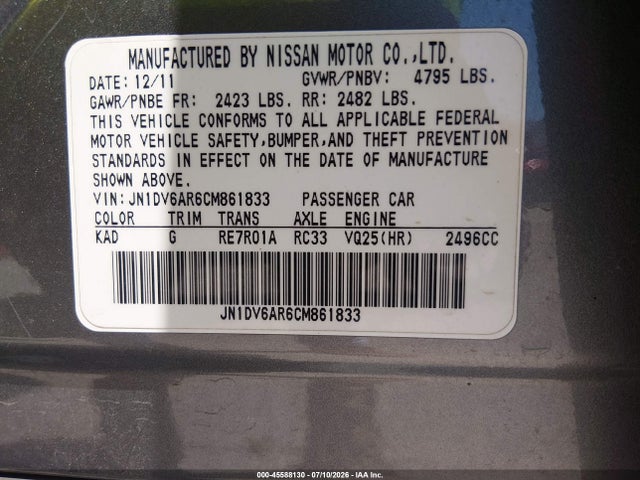 45588130 :رقم المزاد ، JN1DV6AR6CM861833 vin ، 2012 Infiniti G25x مزاد بيع