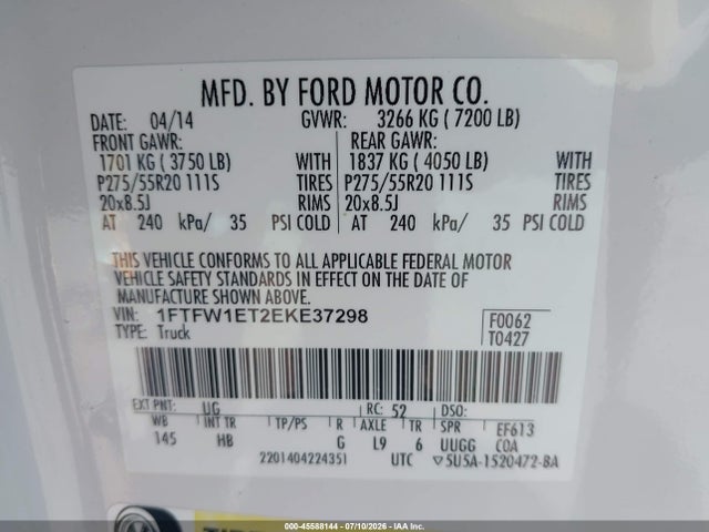 45588144 :رقم المزاد ، 1FTFW1ET2EKE37298 vin ، 2014 Ford F-150 Lariat مزاد بيع