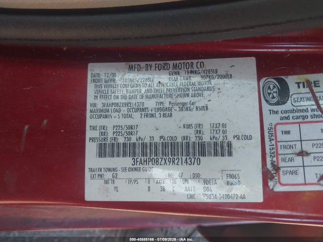 Продажа на аукционе авто 2009 Ford Fusion Sel, vin: 3FAHP08ZX9R214370, номер лота: 45588166
