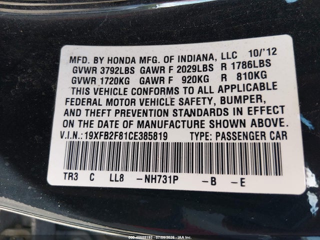 45588192 :رقم المزاد ، 19XFB2F81CE385819 vin ، 2012 Honda Civic Ex مزاد بيع