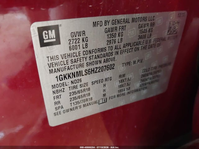 Aukcja sprzedaży 2017 Gmc Acadia Slt-1, vin: 1GKKNMLS6HZ207602, numer aukcji: 45588204