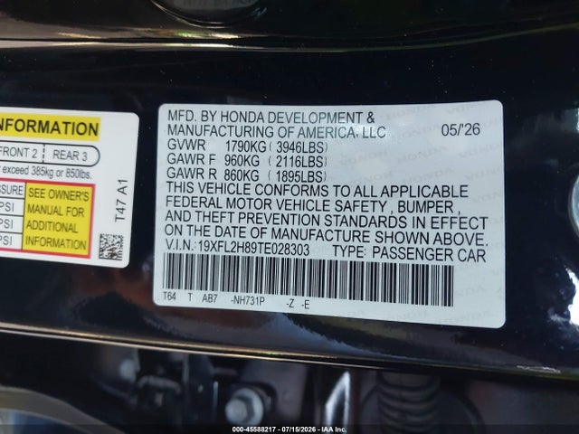 Aukcja sprzedaży 2026 Honda Civic Sport, vin: 19XFL2H89TE028303, numer aukcji: 45588217