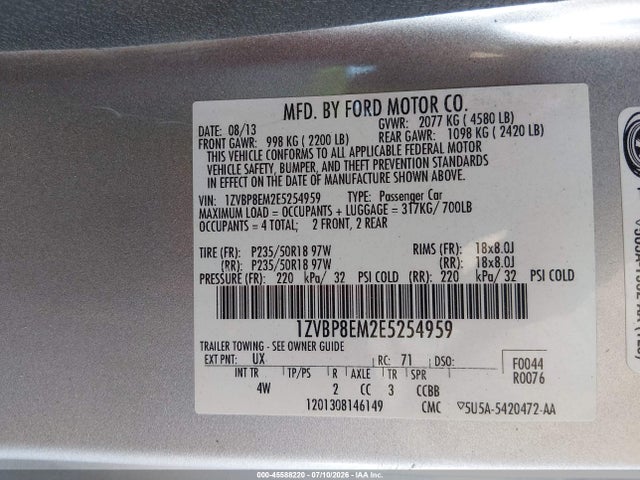 Продаж на аукціоні авто 2014 Ford Mustang V6 Premium, vin: 1ZVBP8EM2E5254959, номер лоту: 45588220