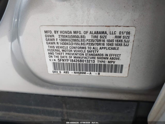 2006 Honda Pilot Ex მანქანა იყიდება აუქციონზე, vin: 5FNYF18426B013213, აუქციონის ნომერი: 45588225