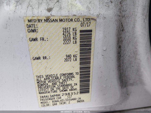 45588232 :رقم المزاد ، 1N4AL3AP4HC298352 vin ، 2017 Nissan Altima 2.5 Sr مزاد بيع