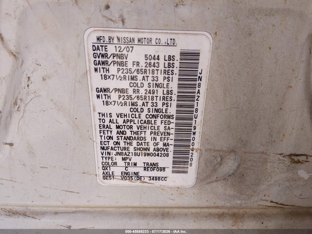 45588233 :رقم المزاد ، JN8AZ18U19W004208 vin ، 2009 Nissan Murano Sl مزاد بيع