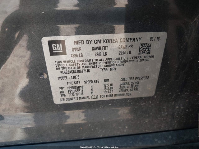 45588237 :رقم المزاد ، KL4CJASB4JB677146 vin ، 2018 Buick Encore Preferred مزاد بيع