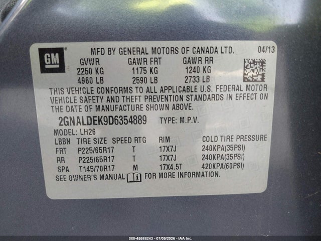 Продаж на аукціоні авто 2013 Chevrolet Equinox Lt, vin: 2GNALDEK9D6354889, номер лоту: 45588243