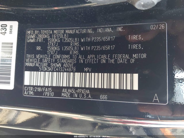 2026 Toyota Sienna Le მანქანა იყიდება აუქციონზე, vin: 5TDKSKFC4TS244879, აუქციონის ნომერი: 45588274